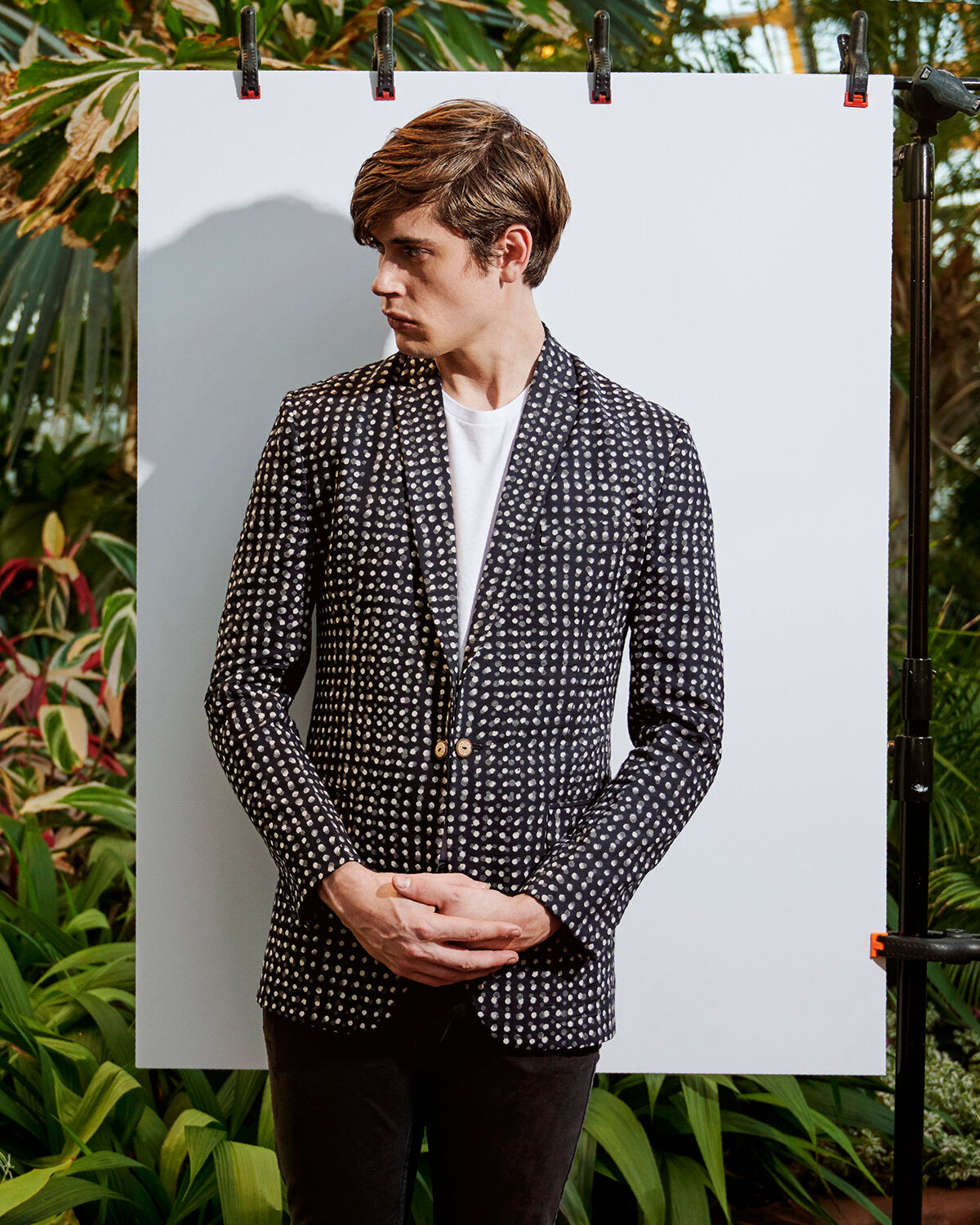 Men's Bagru print Black and White Blazer with wooden buttons.