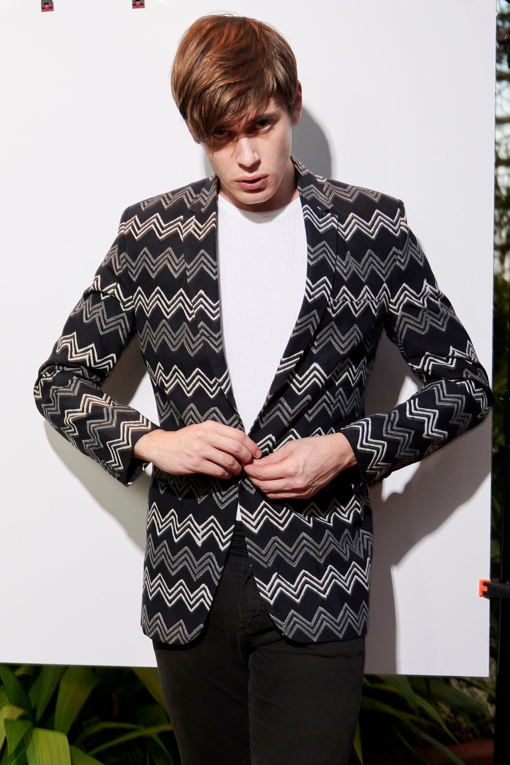 Men's handwoven black and white blazer. 