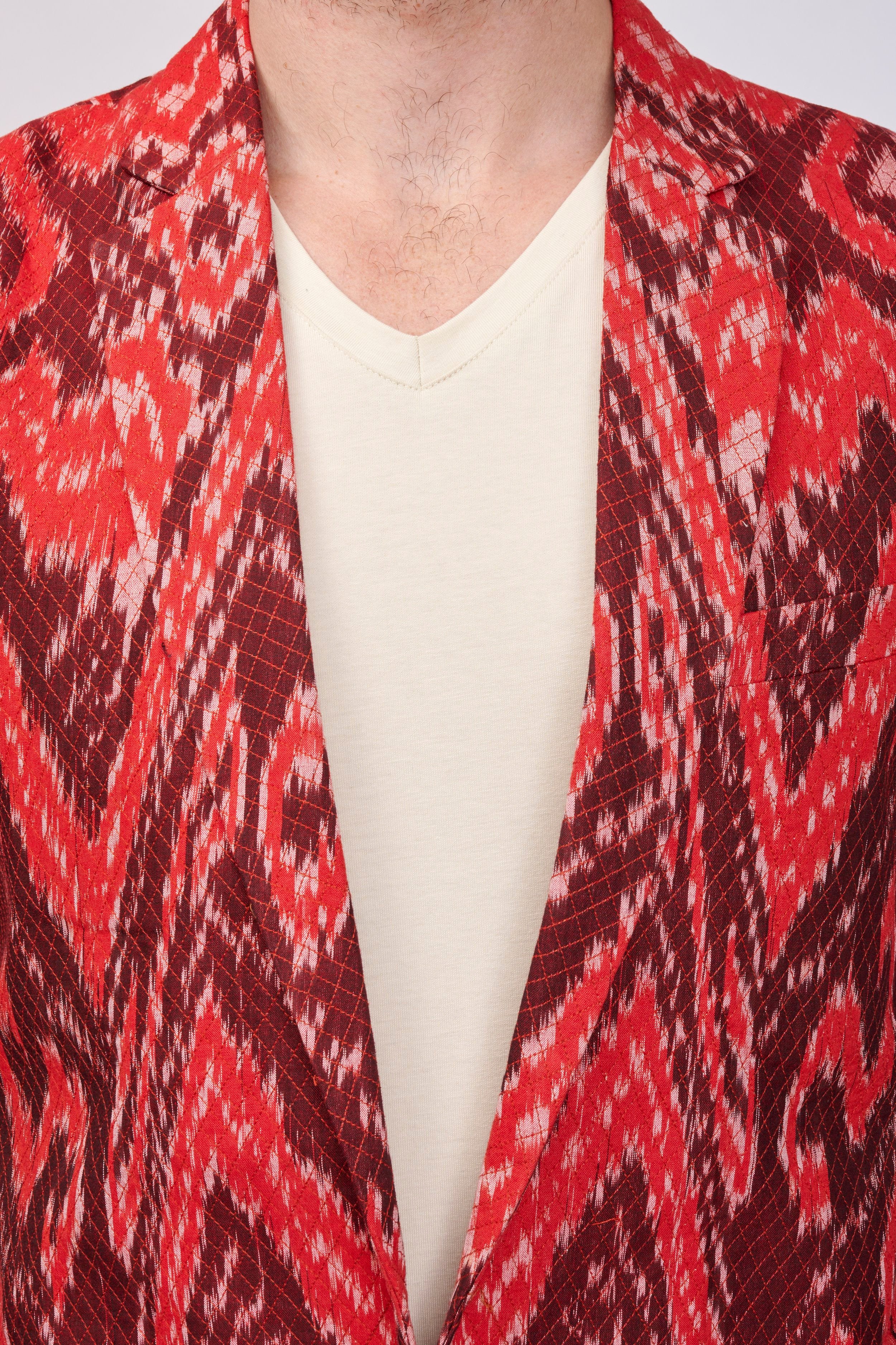 Closeup of men's blazer with bold print showing cross stitch lines on the surface of the blazer.