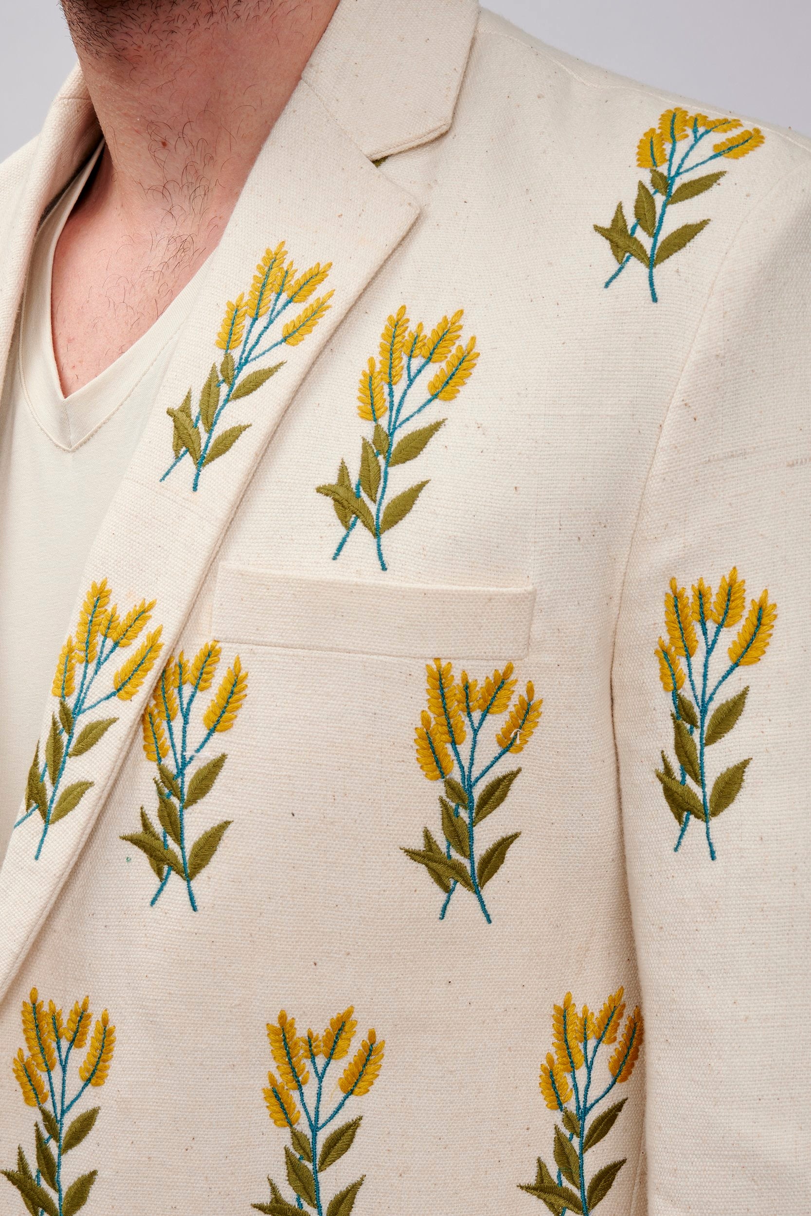 closeup of a blazer with a floral yellow and green embroidery.