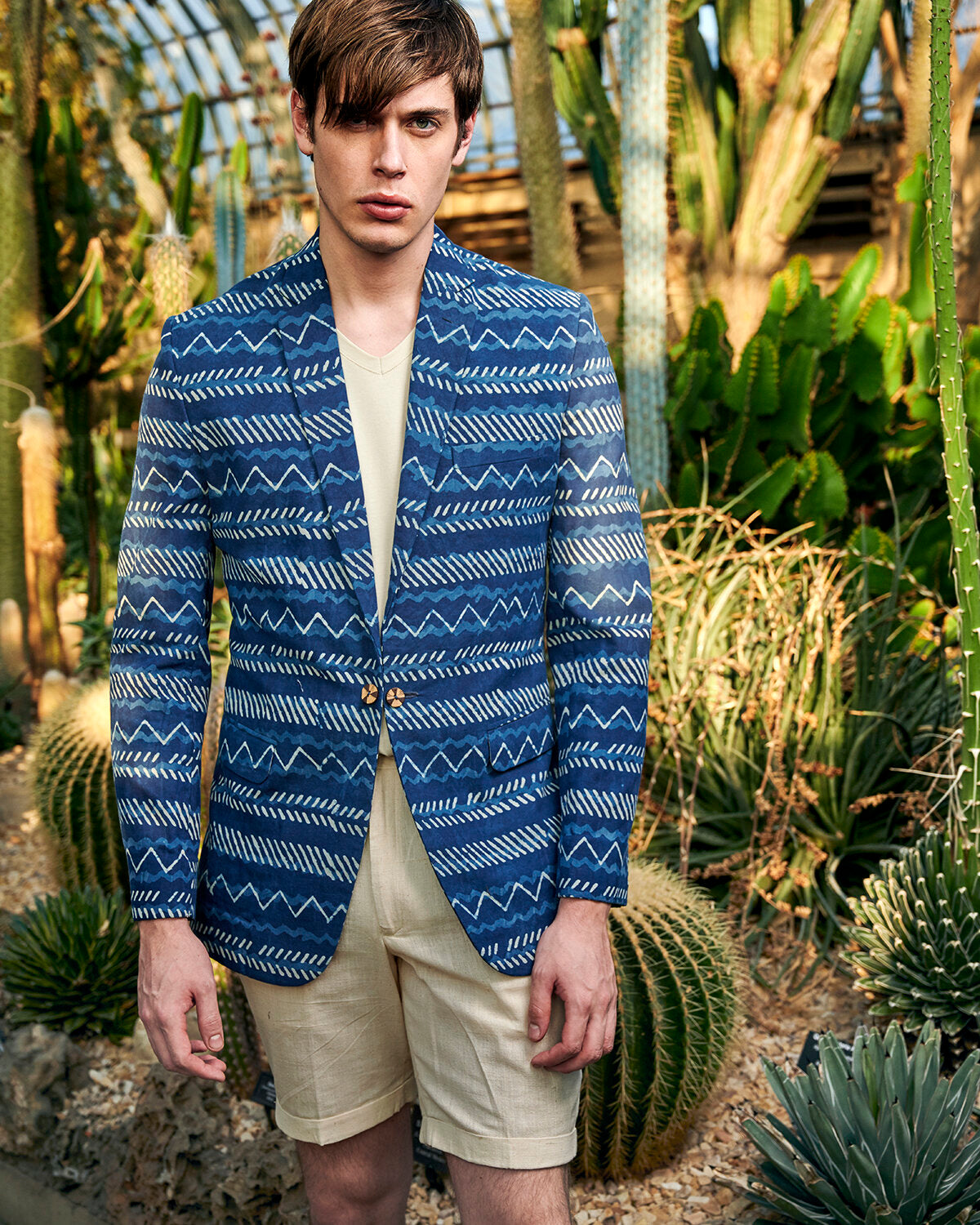 Model wearing a hand block printed Indigo Blazer. Made with organic cotton and expertly hand-stitched.