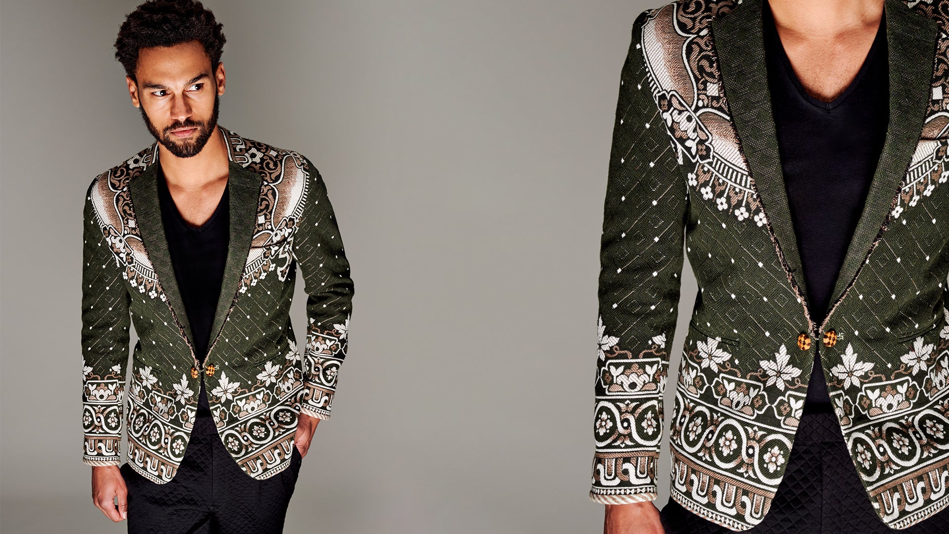 model wearing a jacquard jacket in green and ivory colors